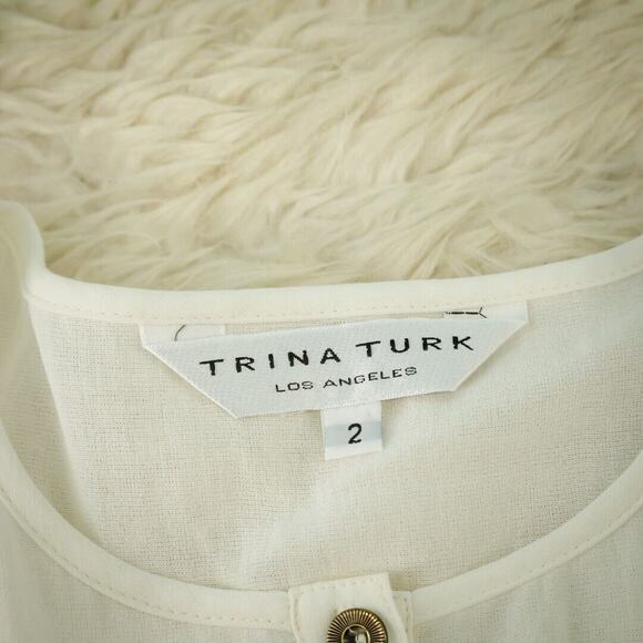 Trina Turk Size 2 White Button Flutter Sleeve Fit Flare Belted Cotton Dress - Picture 4 of 6